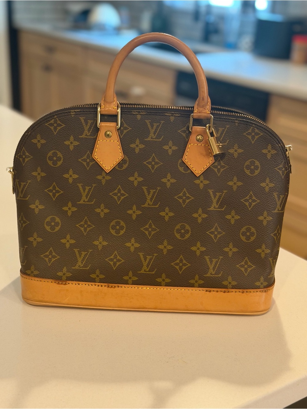Authentic Louis Vuitton Monogram Alma Satchel - Brown with Tan Trim